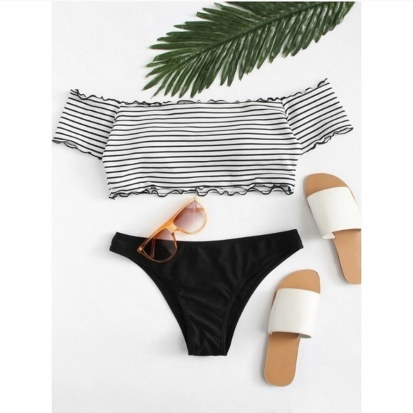 Boutique Other - Black White Striped Off Shoulder Bikini